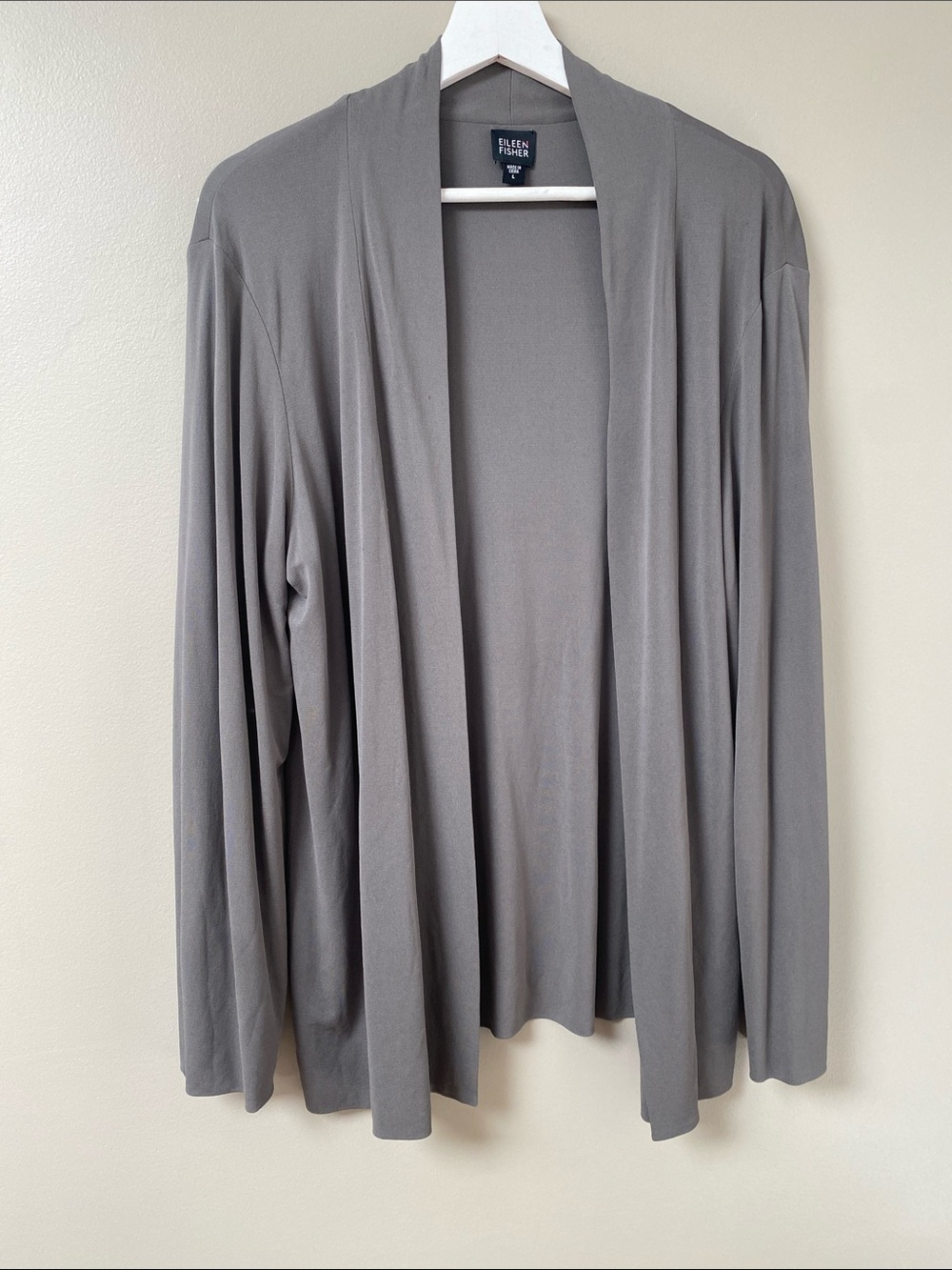 Eileen Fisher Taupe-Gray Open-Front Draped Silk Cardigan Large